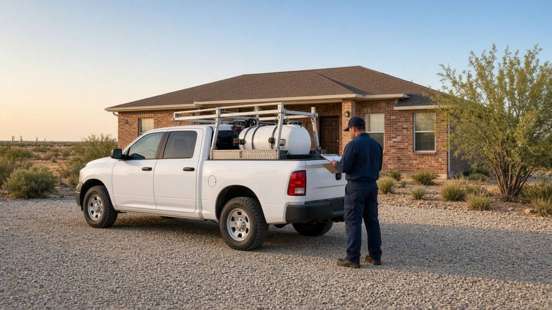 Local Odessa pest control technician beside a service truck at a brick ranch home